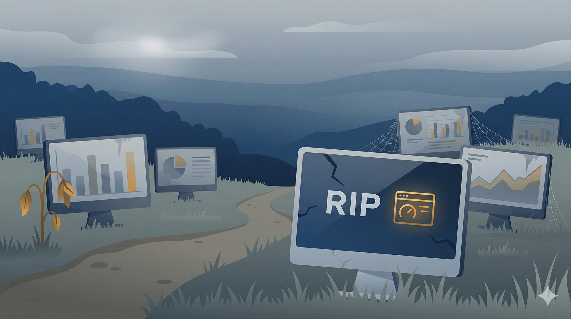 An illustration of a graveyard full of monitors with opened dashboards