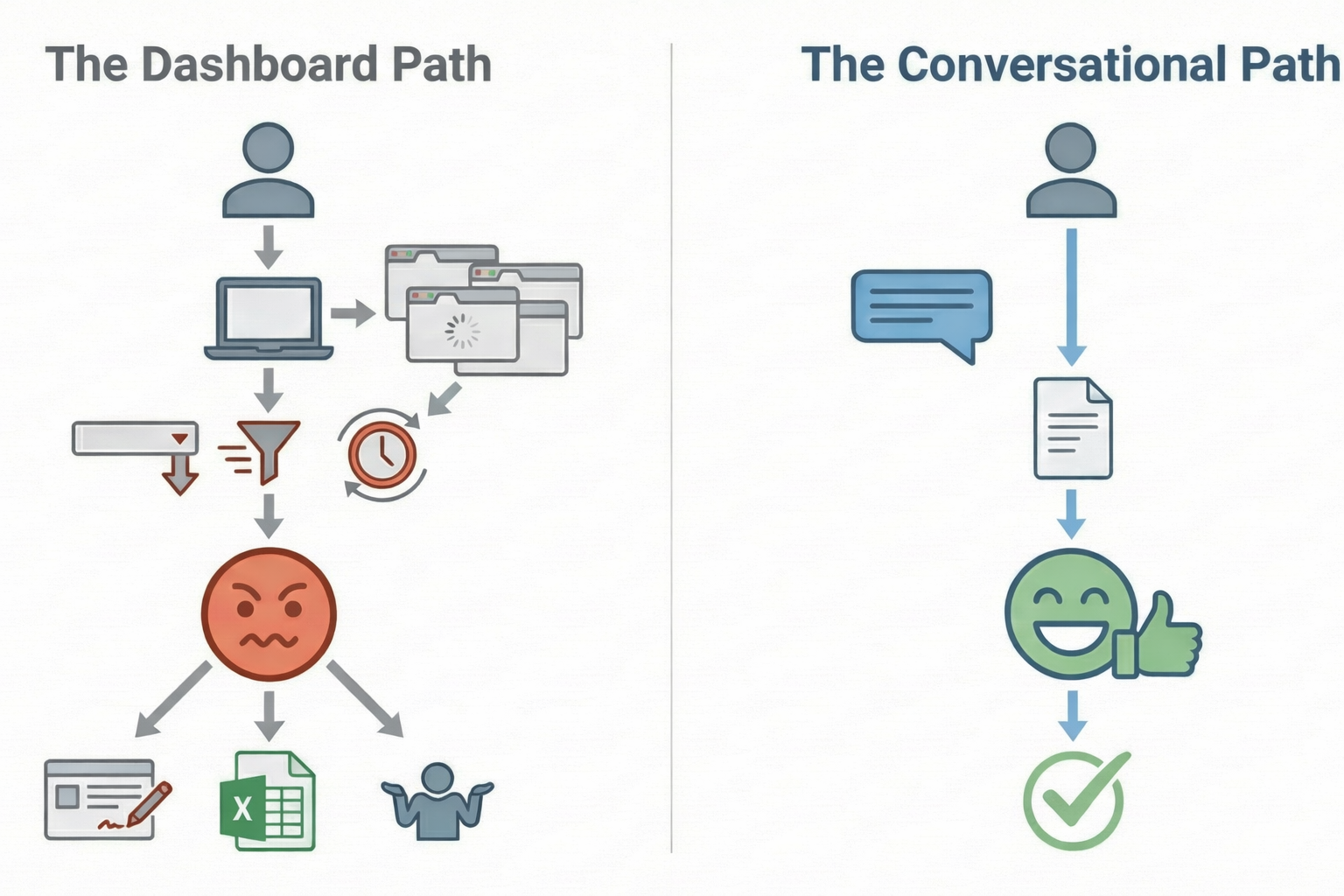 Dashboard path compared with Conversational path